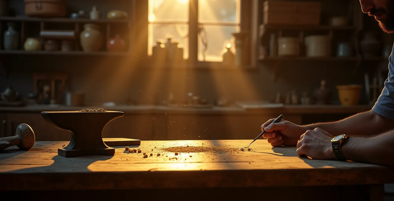 Vue d'ensemble d'un atelier d'artisan bijoutier avec établi traditionnel et outils ancestraux