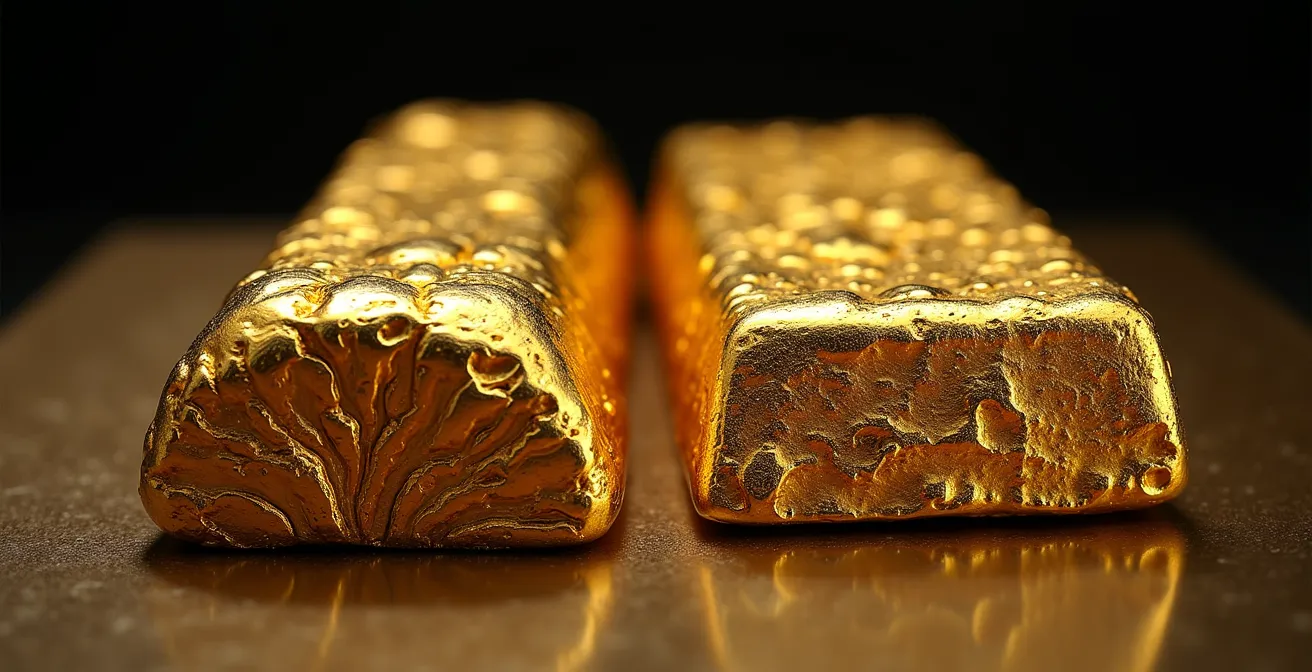 Vue macro comparative de la structure moléculaire de l'or écroui artisanalement versus l'or industriel