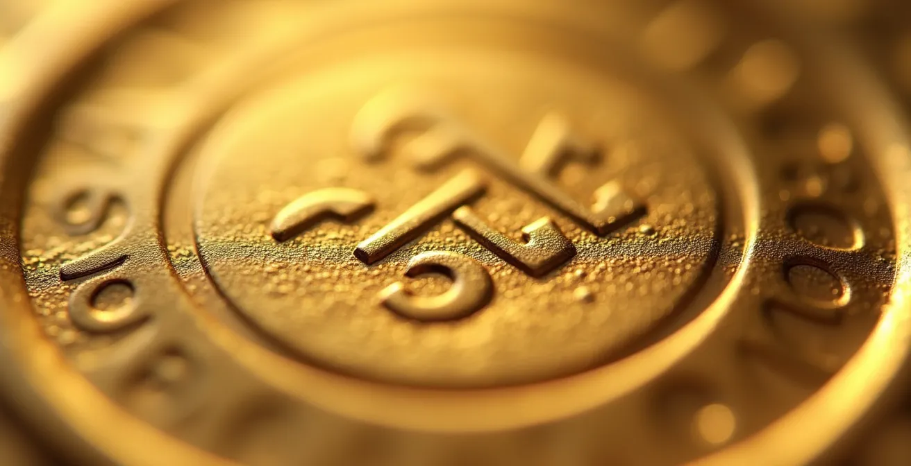 Vue macro d'un poinçon sur un bijou en or, détails de gravure visibles