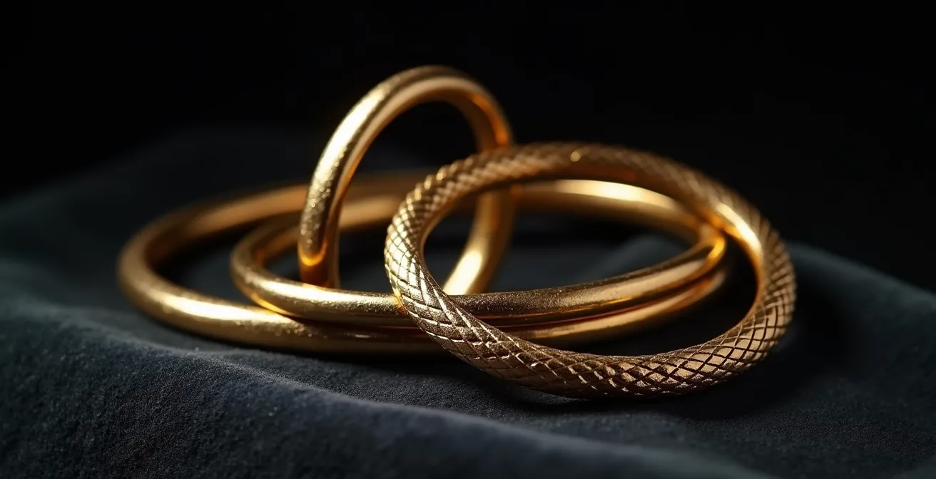 Accumulation harmonieuse de trois joncs en or de formes variées avec bracelet amortisseur