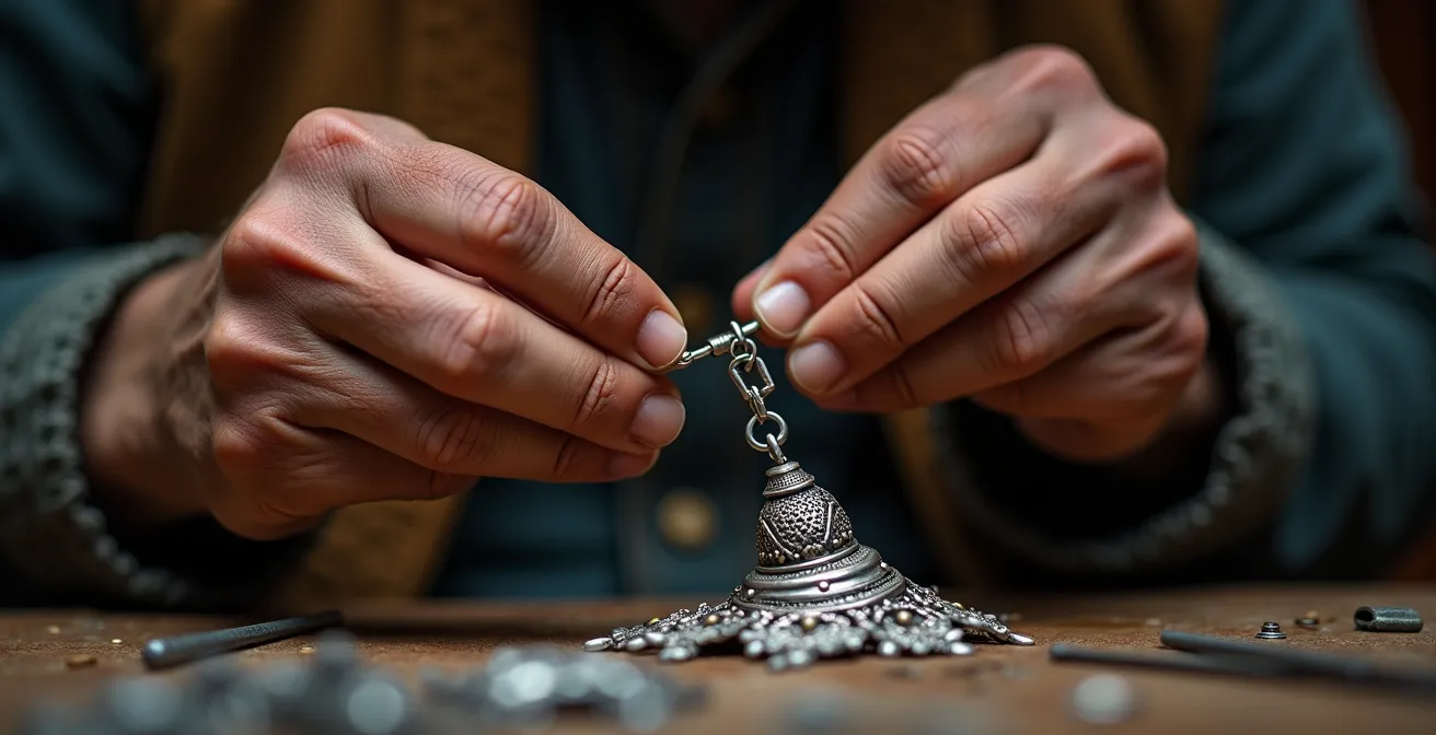 Gros plan sur les mains d'un artisan travaillant sur le fermoir d'un collier ethnique avec des outils traditionnels