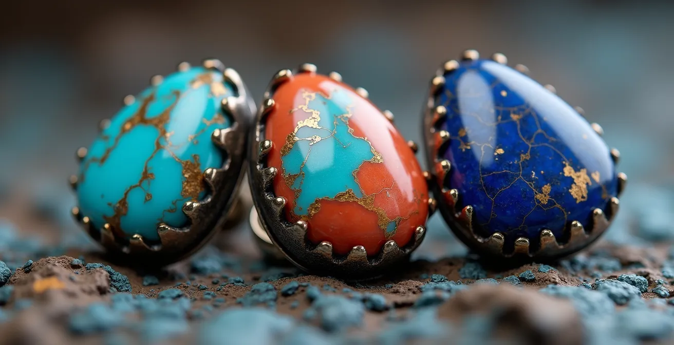 Gros plan macro sur l'assemblage de pierres turquoise, corail et lapis-lazuli montées sur argent vieilli