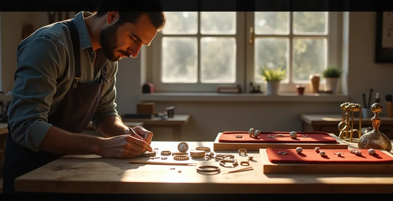 Atelier de création artisanale avec outils et bijoux en cours de fabrication