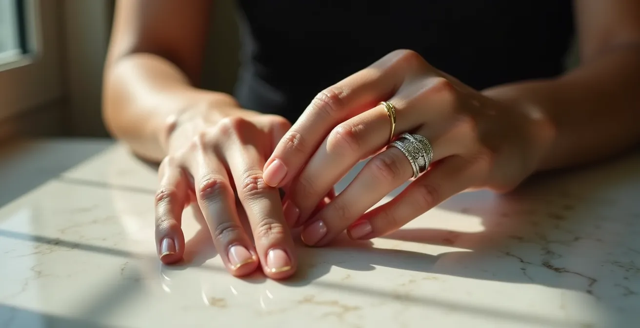 Main élégante portant une bague cocktail avec un sertissage clos qui protège la pierre des chocs.