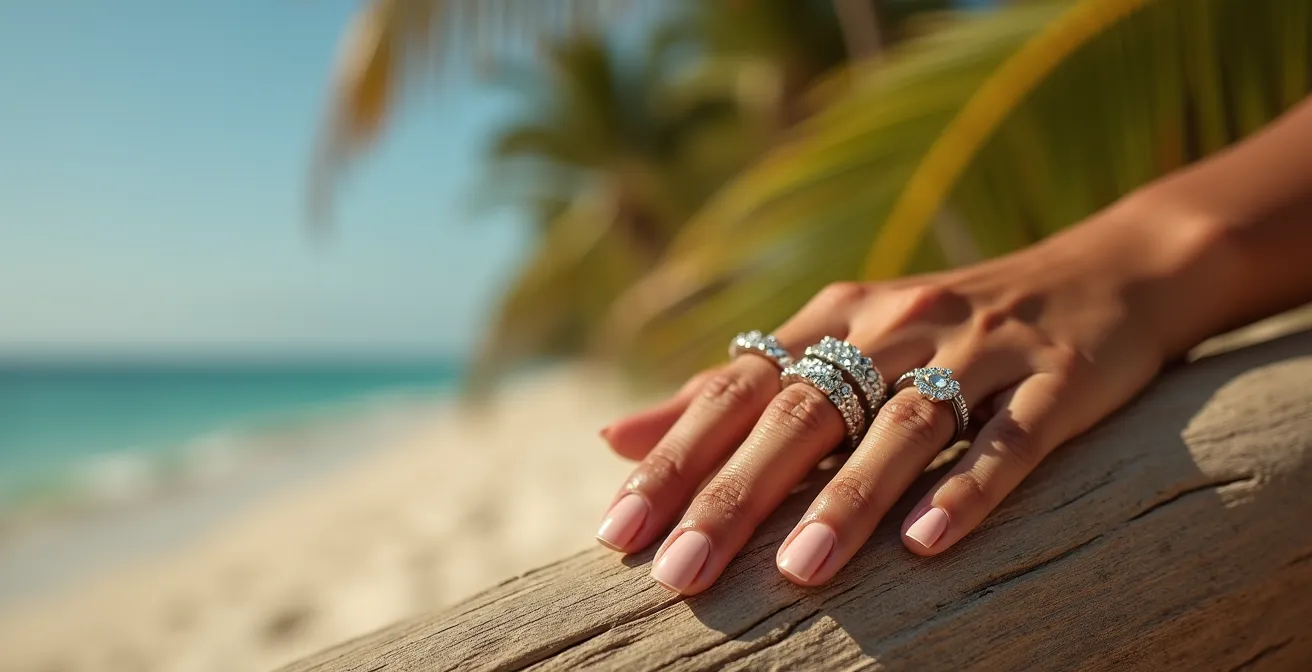Main portant des bijoux étincelants au bord d'une plage ensoleillée
