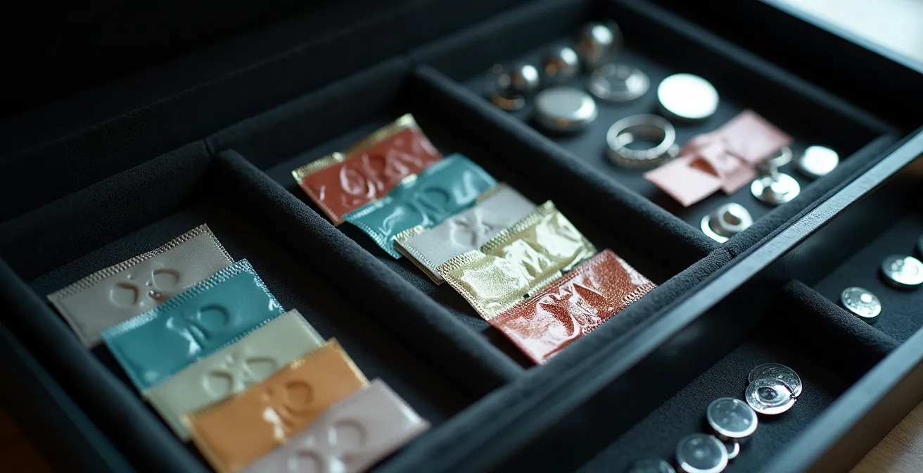 Intérieur d'une boîte à bijoux montrant des compartiments avec sachets de silice et languettes anti-ternissement