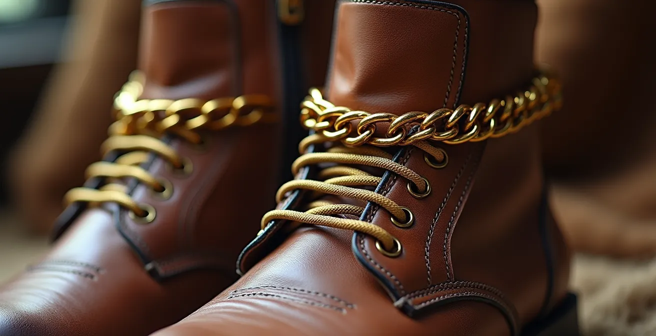 Détail de bottes en cuir marron avec chaînes dorées portées par-dessus, style bohème hivernal