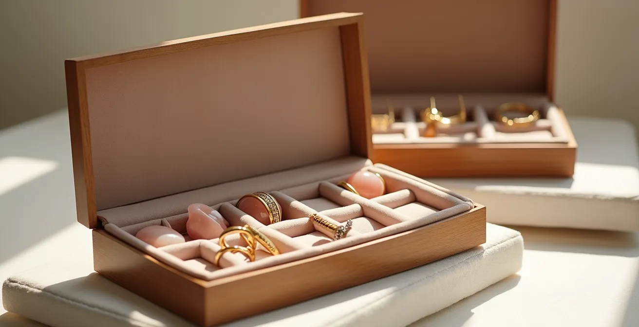 Collection de bijoux en bois et pierres précieuses rangés élégamment dans un écrin protecteur