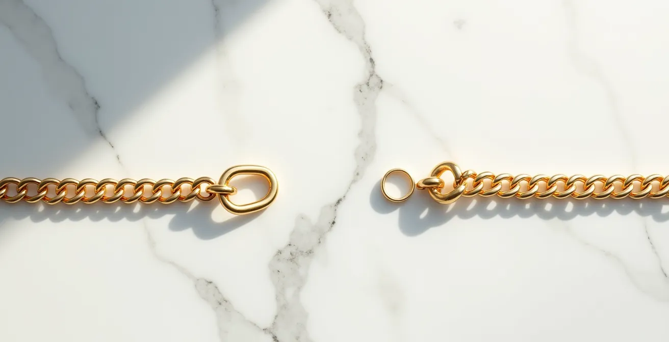 Vue en coupe de maillons de chaîne cubaine pleine et creuse montrant la différence de structure