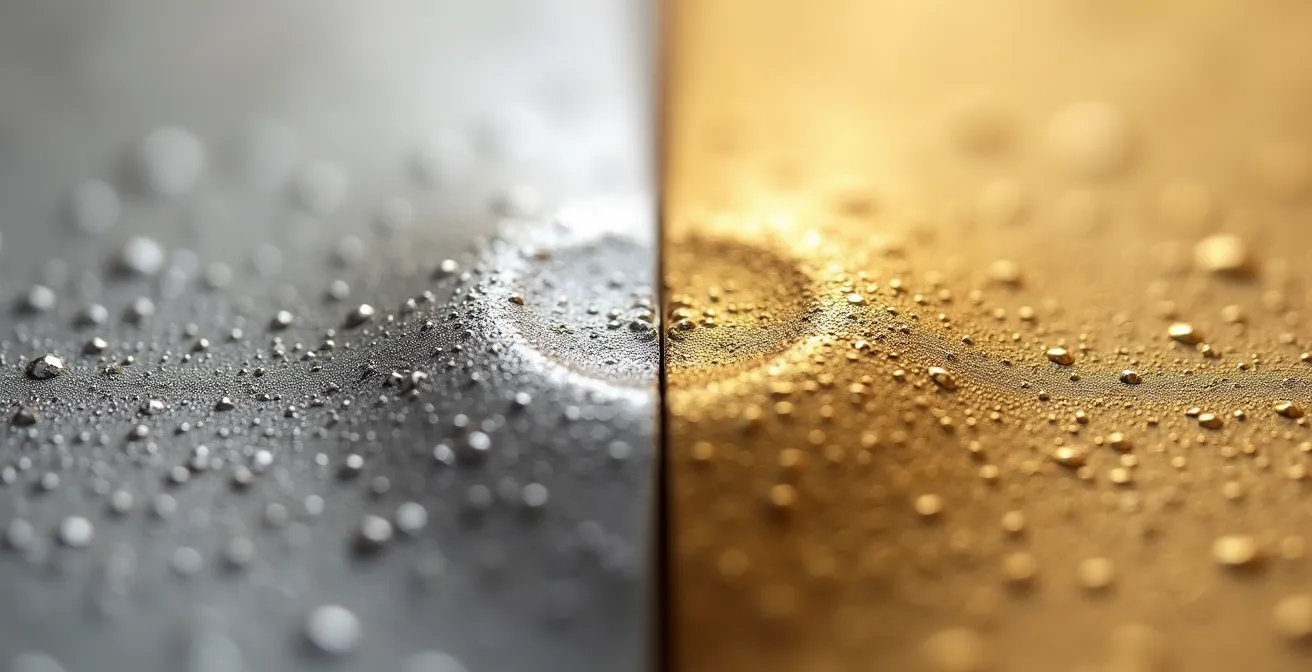 Vue macro comparative de surfaces d'acier 316L et d'or 9 carats après exposition au sel