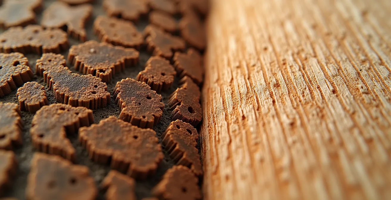 Vue macro détaillée de la structure poreuse du bois comparée à la surface métallique