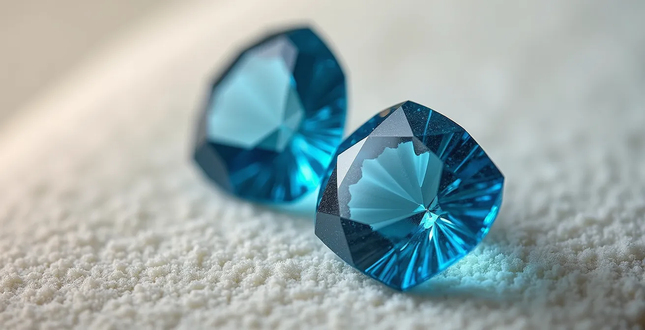 Comparaison macro de saphir et aigue-marine sous différentes lumières