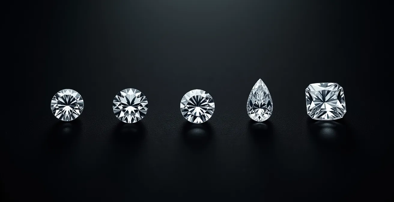 Vue de dessus comparative de cinq diamants de 1 carat en différentes tailles posés sur surface noire