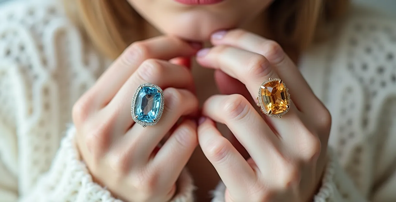 Main à peau pâle portant alternativement une topaze bleue et une citrine sous lumière naturelle d'hiver
