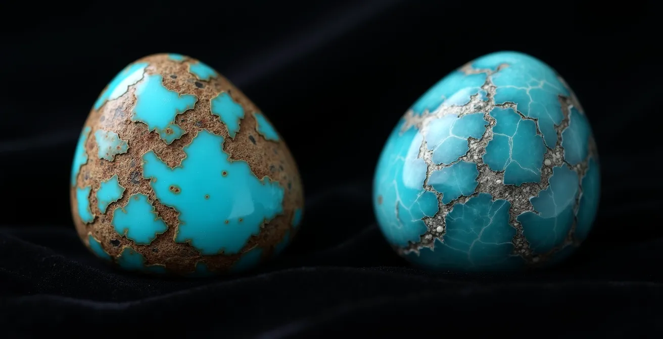 Deux pierres côte à côte sur fond noir montrant les différences visuelles entre une turquoise authentique avec sa matrice naturelle et une howlite teinte d'un bleu trop uniforme.