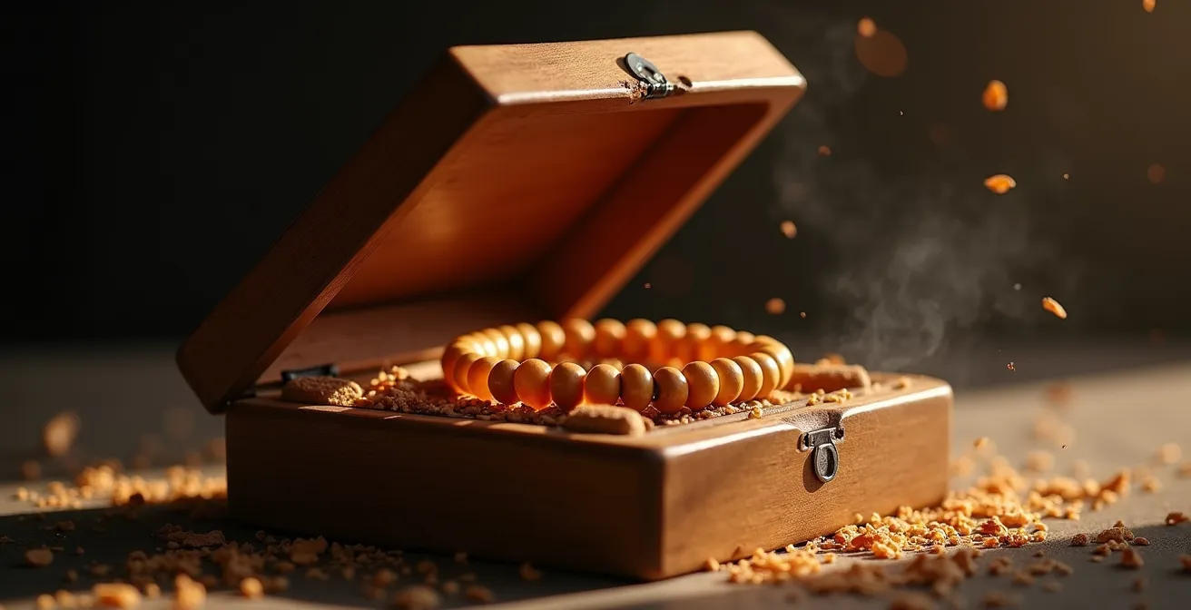 Bracelet en santal conservé dans une boîte en bois naturel pour préserver son parfum