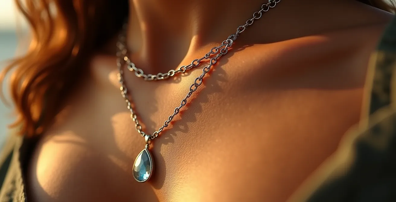 Dos nu d'une femme portant un sautoir délicat, éclairage doré mettant en valeur les courbes et le bijou