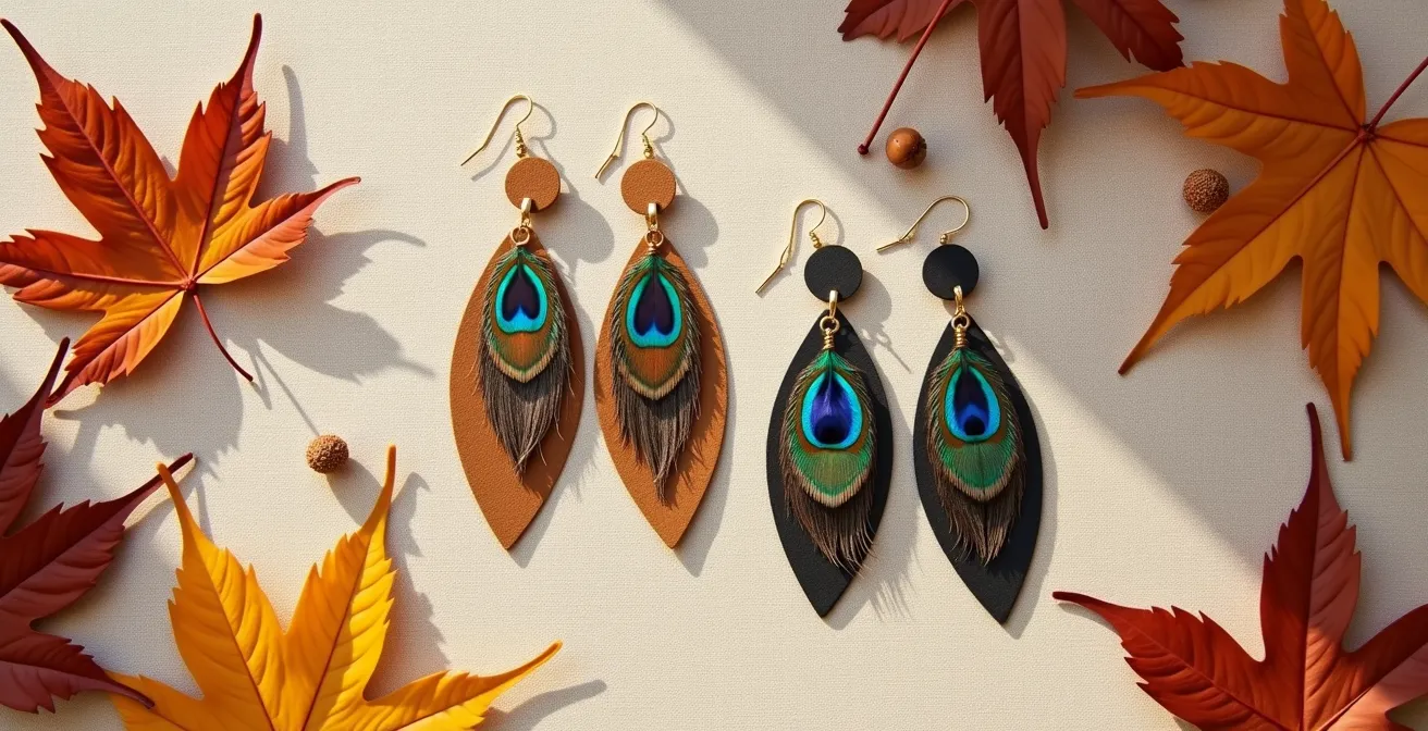 Composition artistique de bijoux fauve et noir avec plumes de faisan et paon sur fond automnal