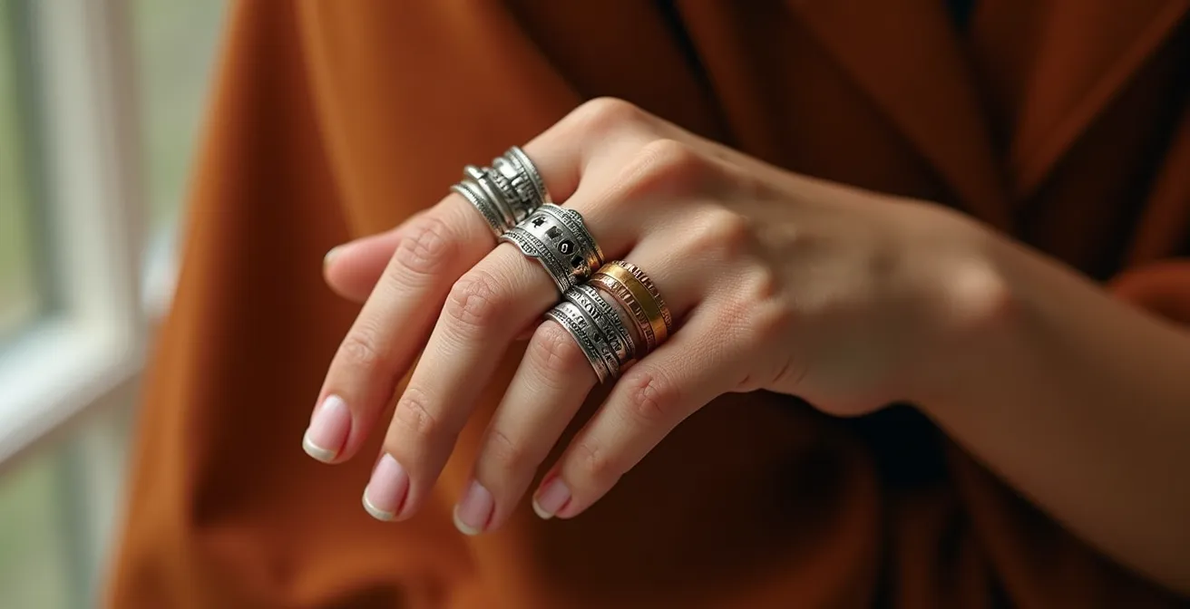 Main féminine montrant l'empilement stratégique de bagues larges selon la règle de la pyramide inversée