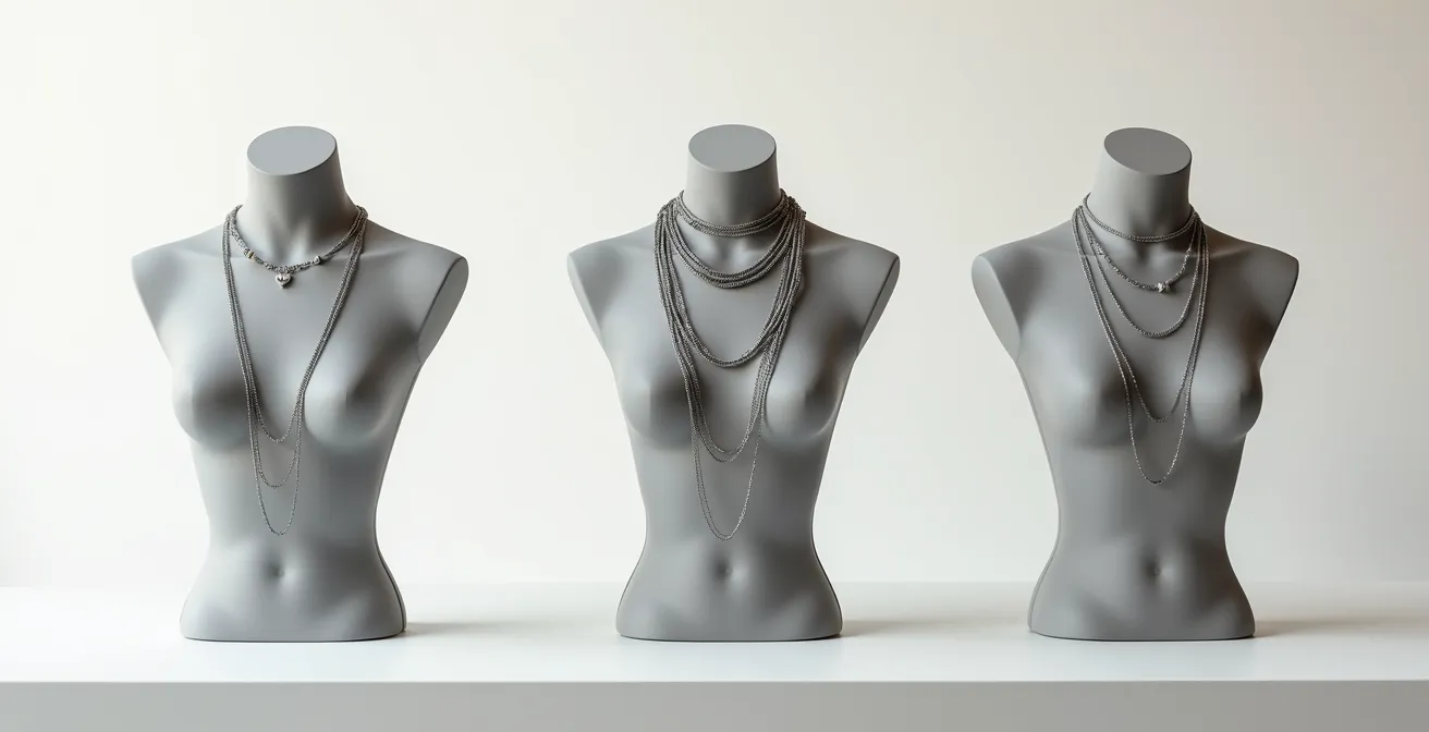 Composition minimaliste montrant trois types d'encolures avec des colliers superposés adaptés