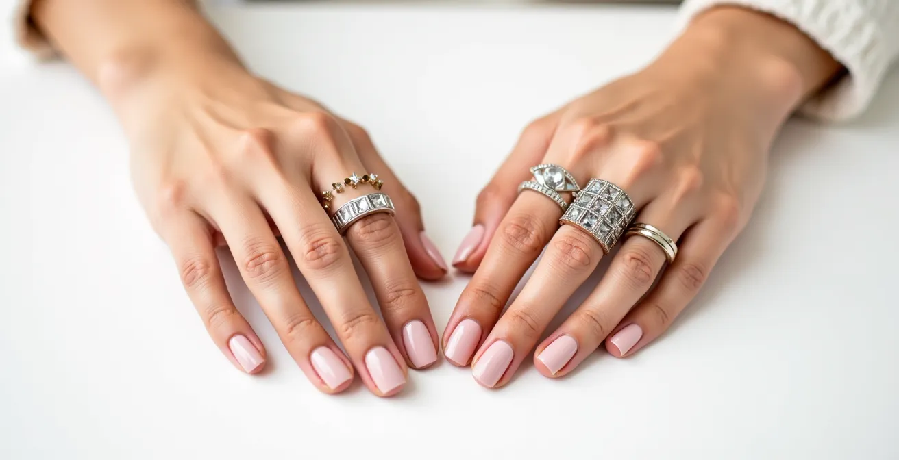 Mains avec différentes longueurs d'ongles portant des bagues de phalange adaptées