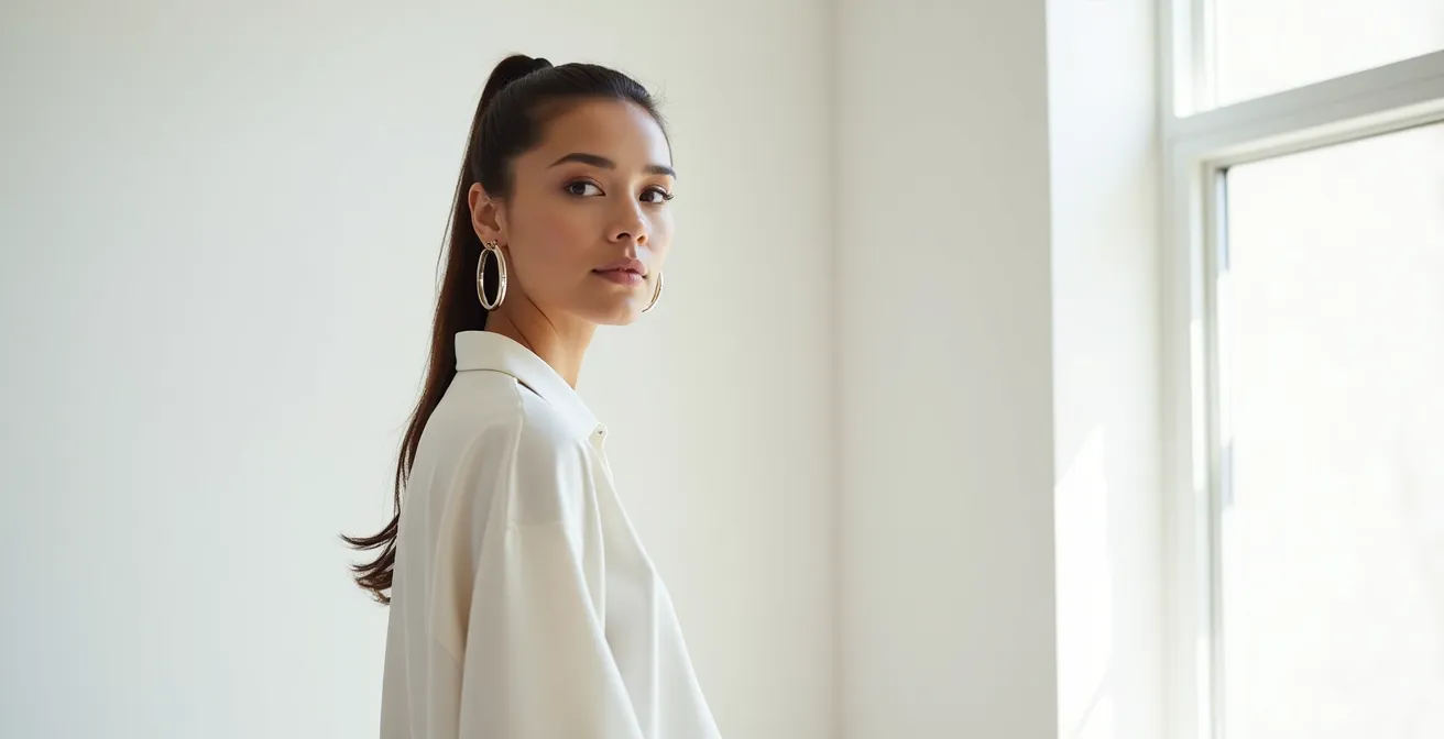 Portrait d'une femme au visage rond portant des créoles ovales avec une queue de cheval haute