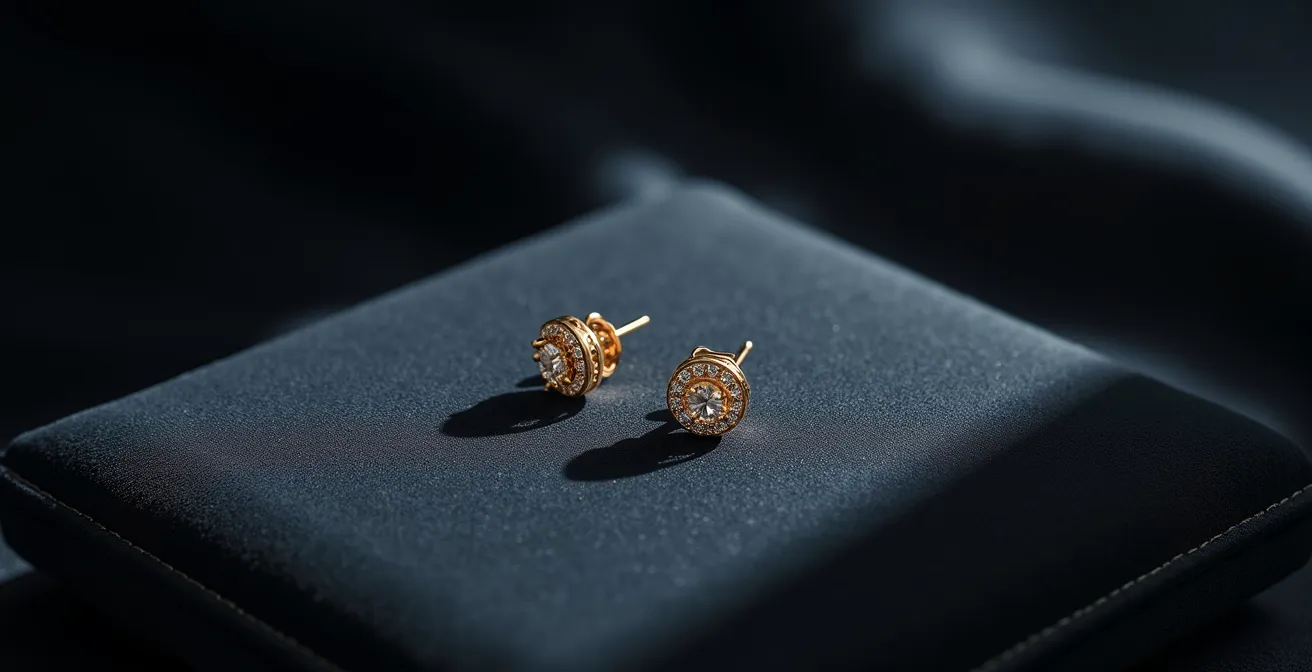 Détail macro d'un fermoir sécurisé sur une boucle d'oreille en diamant