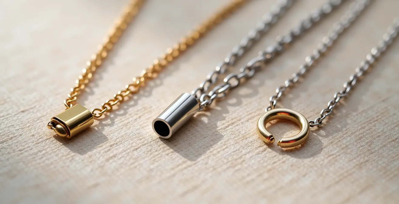 Vue macro détaillée de différents types de fermoirs multi-rangs invisibles sur fond neutre