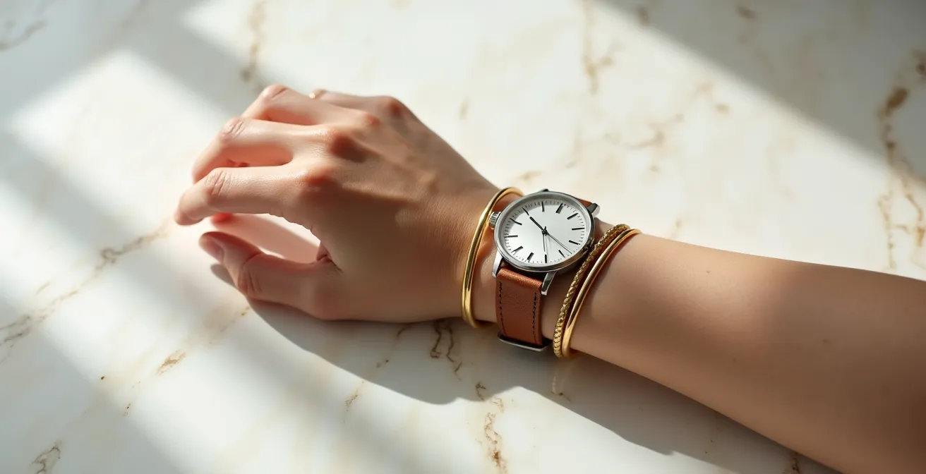 Poignet portant un jonc en or avec un bracelet spacer en cuir fin le séparant d'une montre en acier