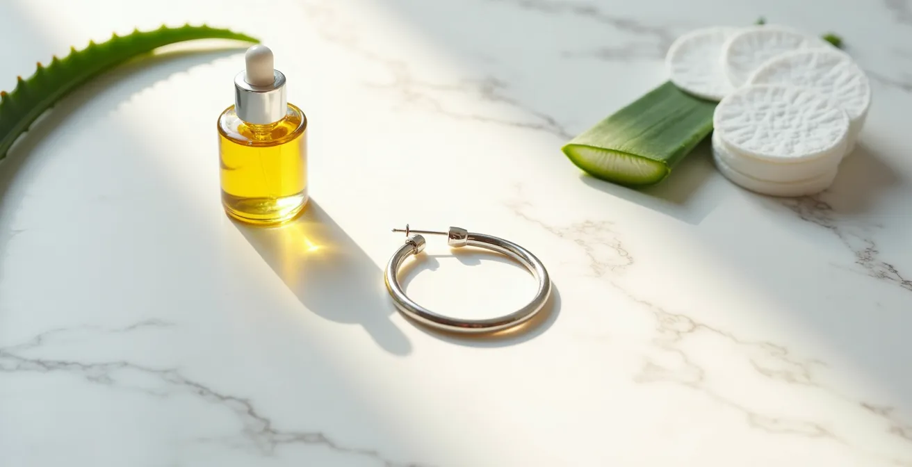 Gros plan sur un lobe d'oreille sain avec une créole en argent et des produits de soin naturels