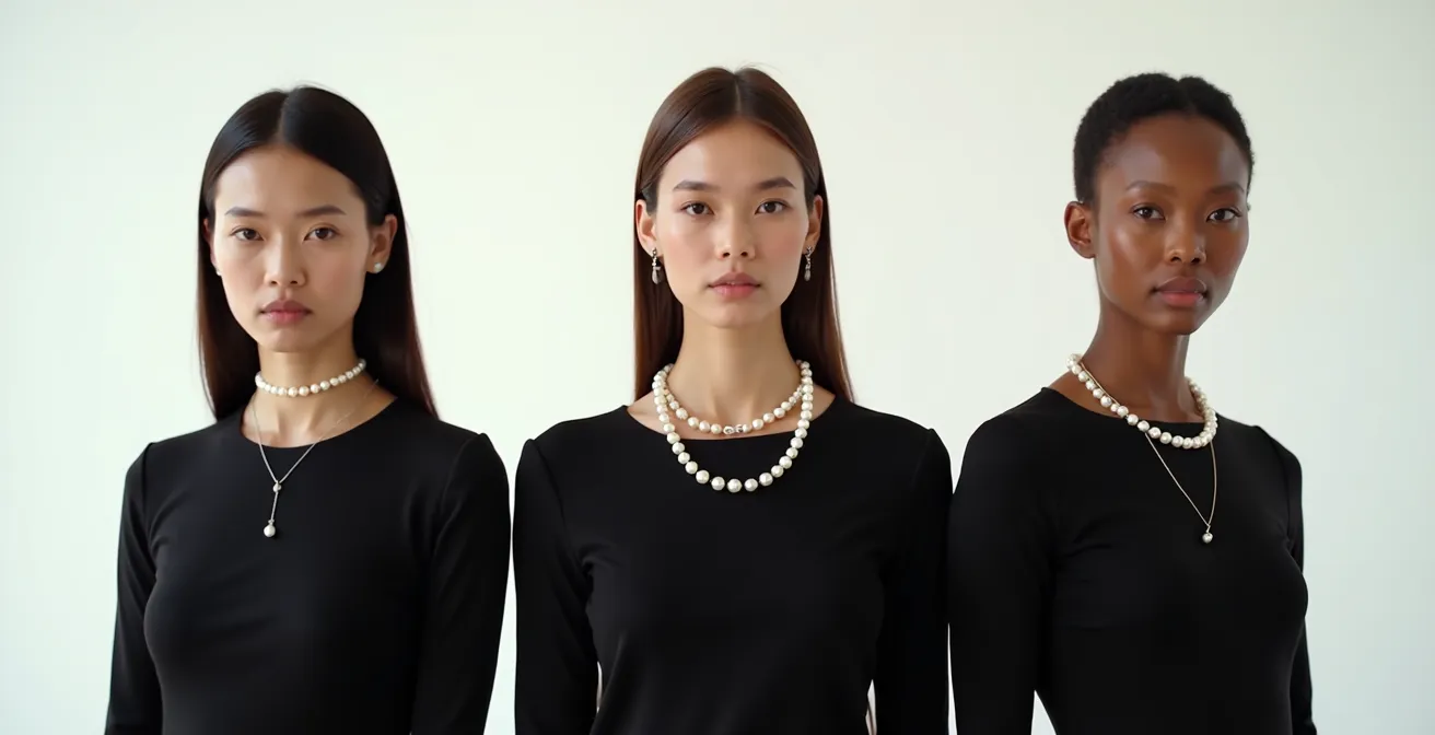 Trois femmes portant différentes longueurs de colliers de perles pour illustrer l'effet sur la silhouette