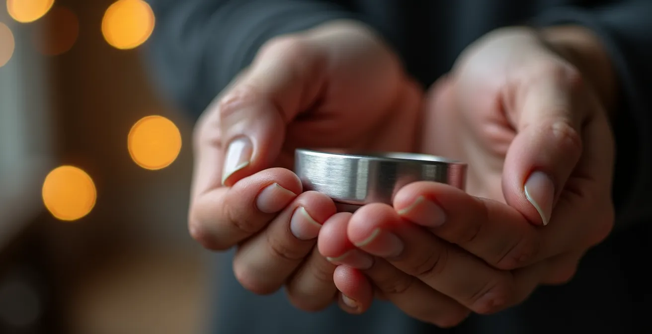 Gros plan sur des mains féminines réchauffant délicatement un torque en métal brossé, texture visible du bijou