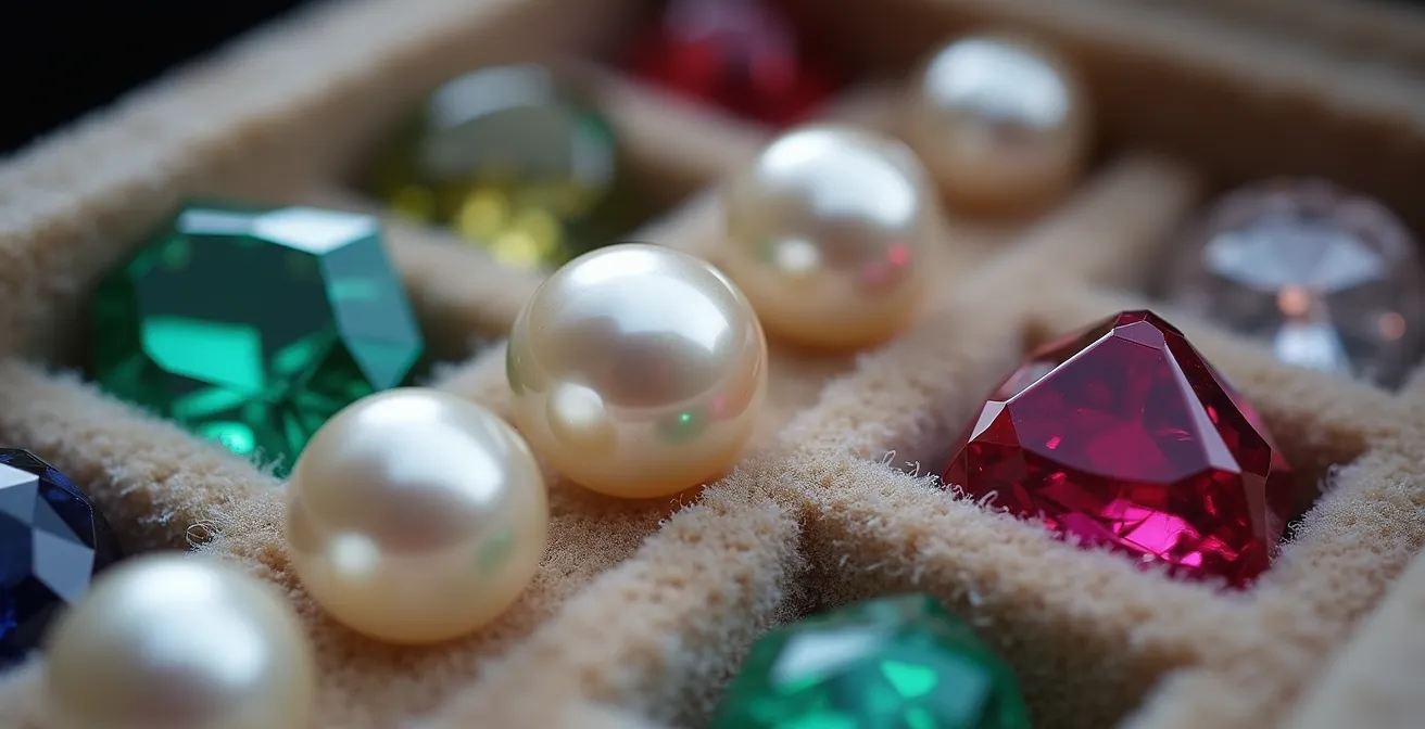 Vue macro de différentes gemmes organisées par familles montrant les textures contrastées des perles, diamants et pierres colorées