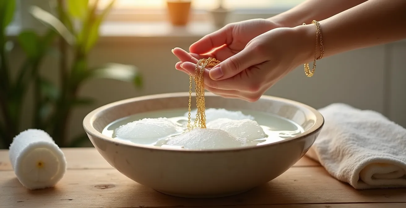 Processus de nettoyage délicat d'une chaîne en or dans un bain savonneux