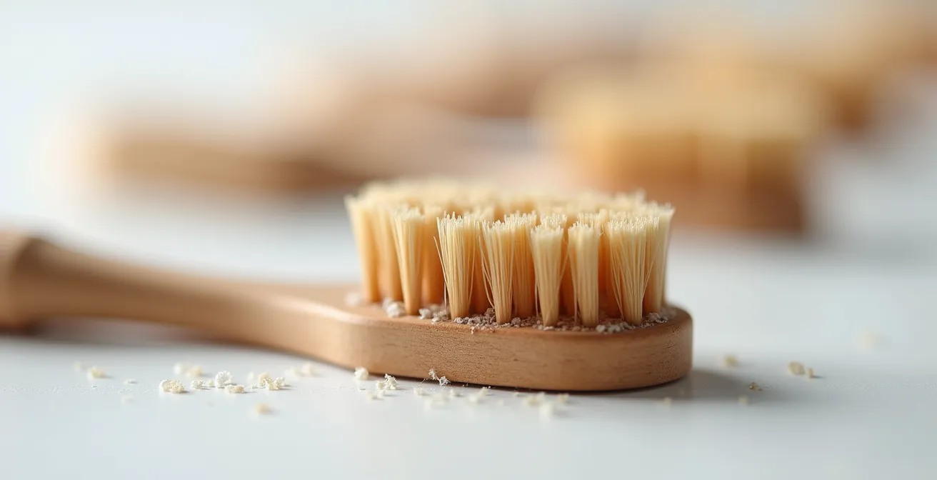 Gros plan sur différentes brosses douces nettoyant délicatement un bracelet en cuir tressé