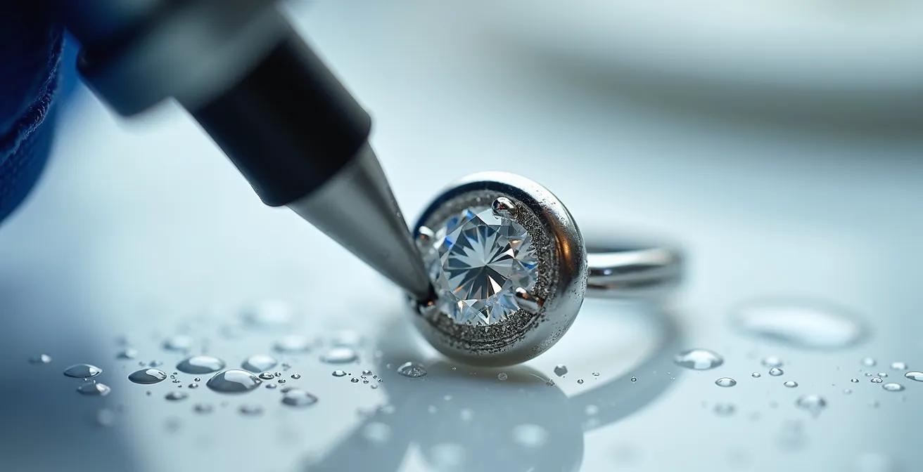 Vue macro d'un diamant serti clos pendant le nettoyage avec un jet d'eau dentaire