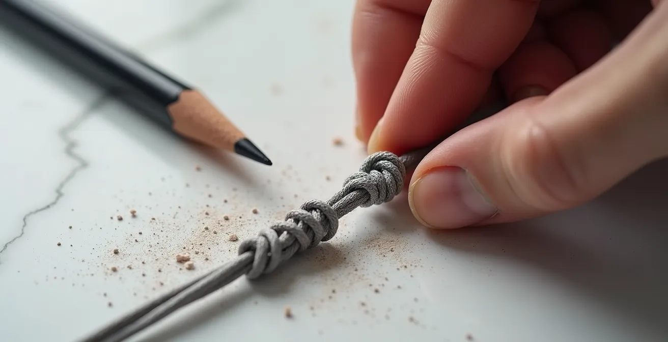 Gros plan sur un nœud coulissant de bracelet macramé en cours de lubrification