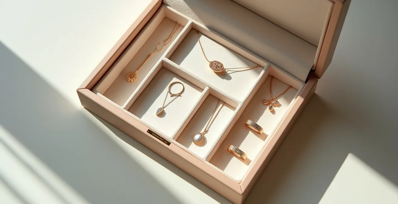 Boîte à bijoux organisée avec compartiments et sachets anti-ternissement