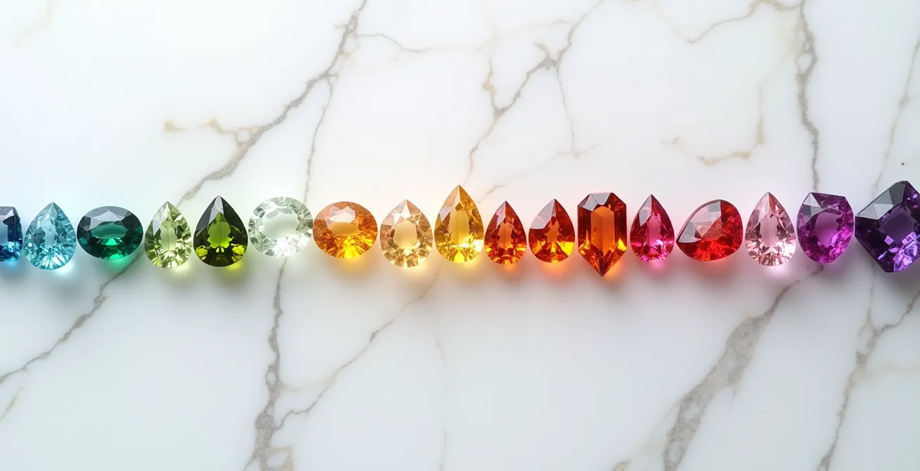 Assortiment de pierres de couleur rares utilisées par les créateurs contemporains disposées en dégradé chromatique