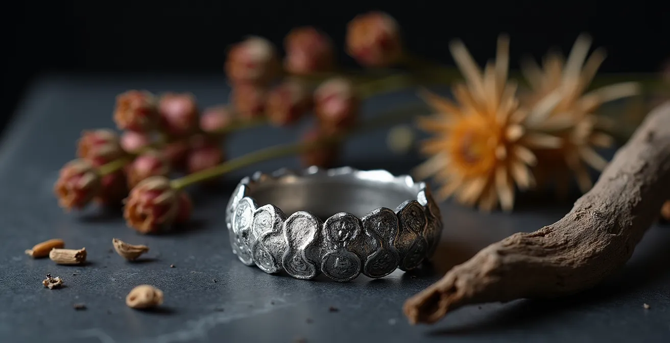 Bijou en argent avec patine noire dans les creux créant un contraste avec les parties polies en relief