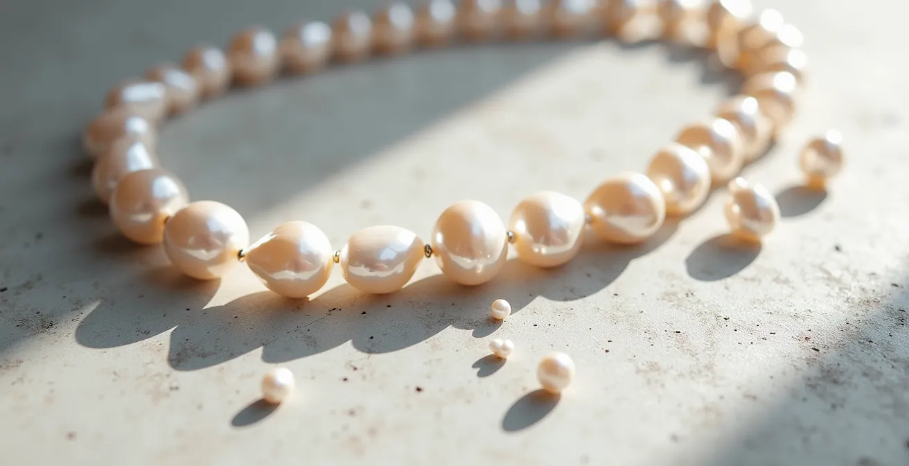 Collier de perles baroques asymétriques sur fond minimaliste