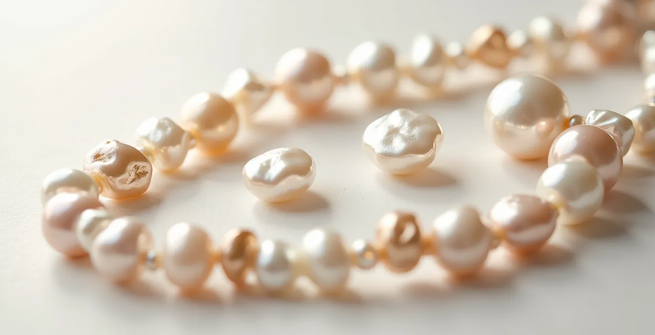 Composition artistique de perles rondes et baroques sur fond épuré