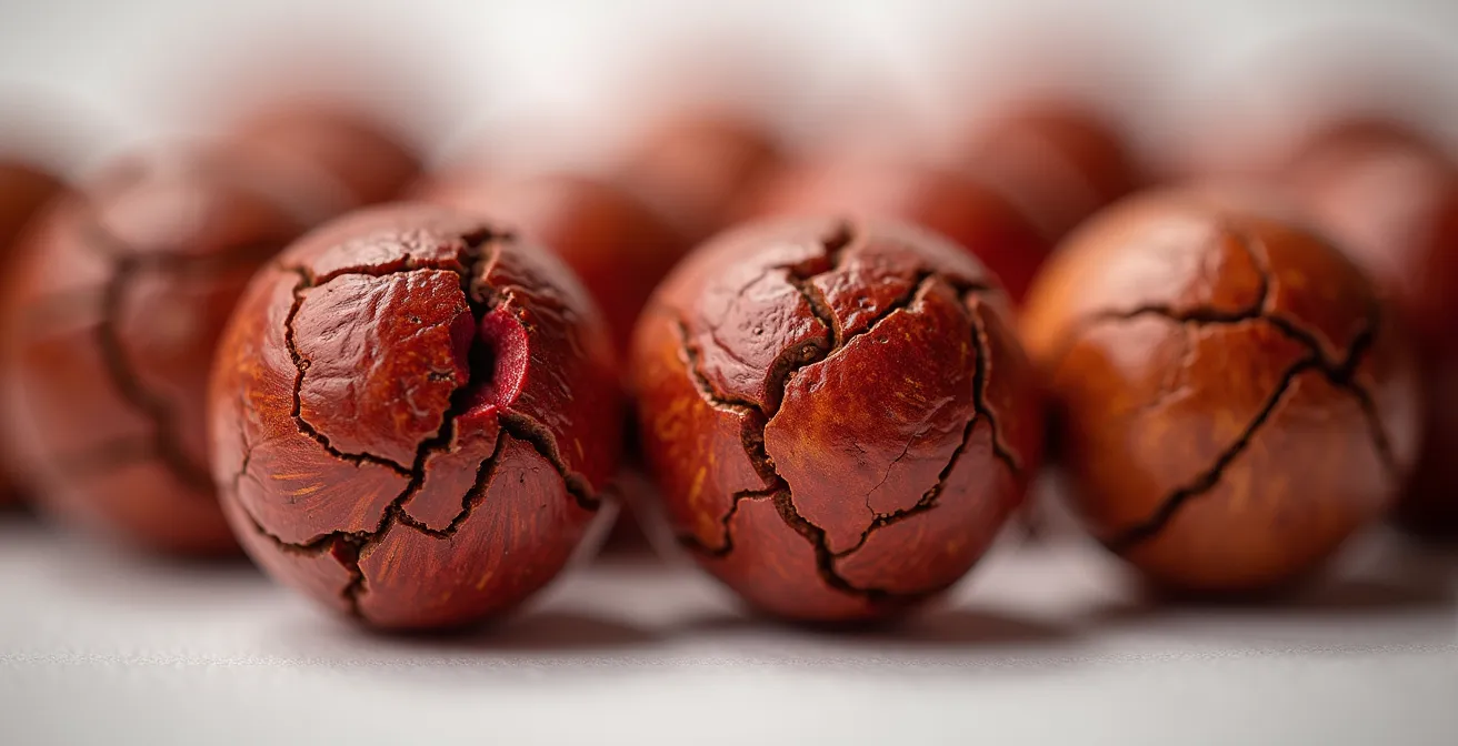 Gros plan macro sur les perles de santal rouge montrant la texture naturelle et les pigments du bois