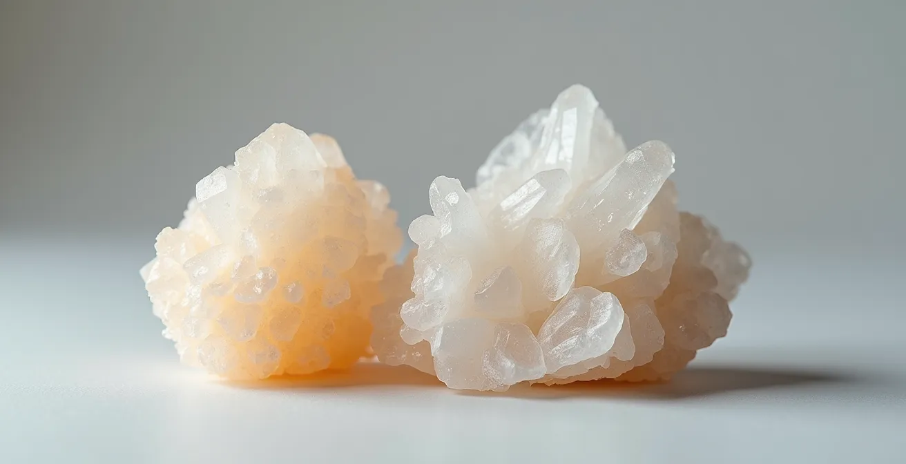 Gros plan macro sur une sélénite et une calcite avec traces de dégradation par l'eau