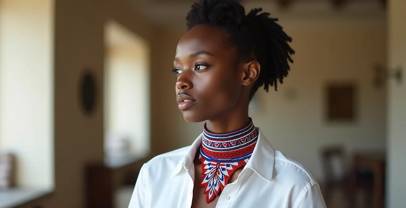 Portrait d'une personne portant un plastron massai coloré sur une chemise blanche immaculée dans un décor minimaliste