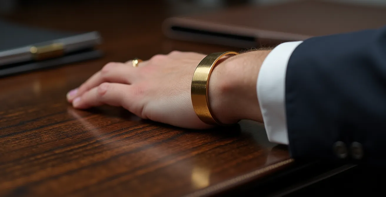 Poignet professionnel avec manchette dorée mate posé sur table de réunion