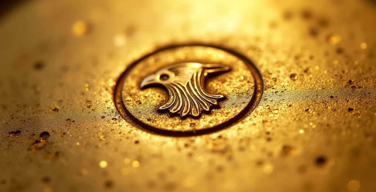 Détail macro d'un poinçon tête d'aigle sur un bijou en or 18 carats