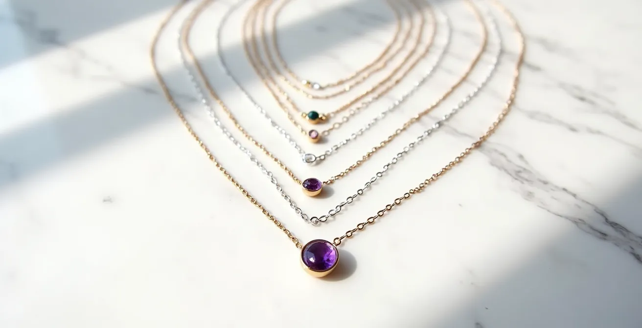 Composition minimaliste montrant l'accumulation de colliers avec une pierre centrale comme point focal