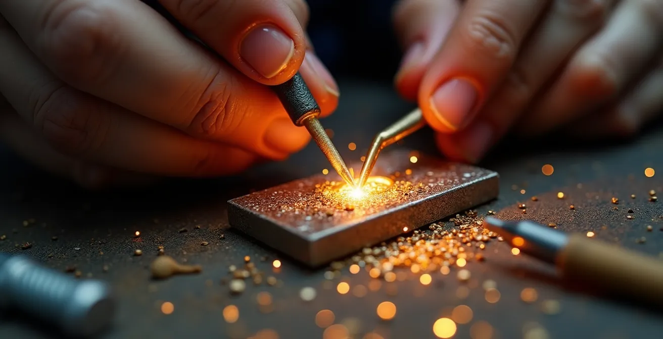 Vue macro du processus de fabrication artisanale d'un bijou montrant les détails du travail minutieux