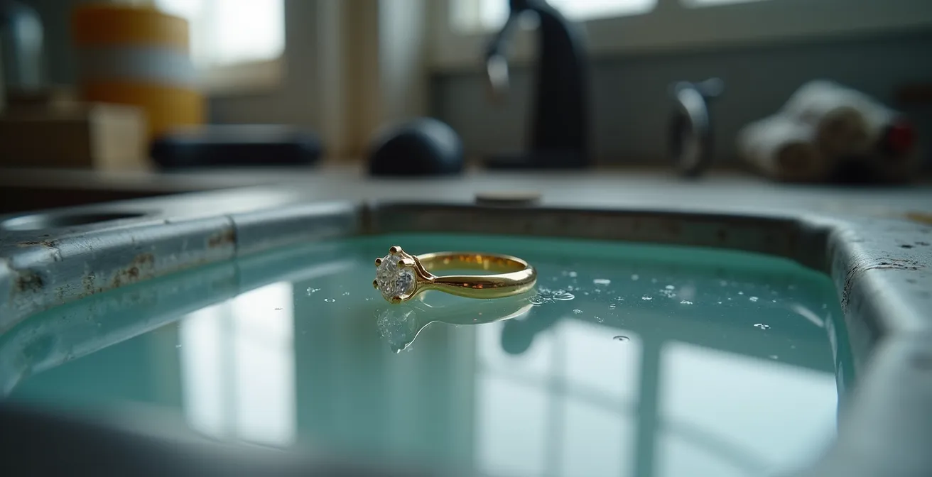 Bague en or blanc montrant la transition nette entre la partie jaunie par l'usure et la partie brillante après rhodiage.